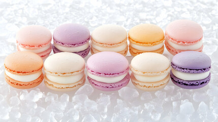 Obraz premium Colorful macarons on ice, dessert, food photography, sweet treat, bakery, confectionery, culinary