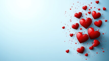 Scattering of small glossy red hearts against soft blue background. Copy space