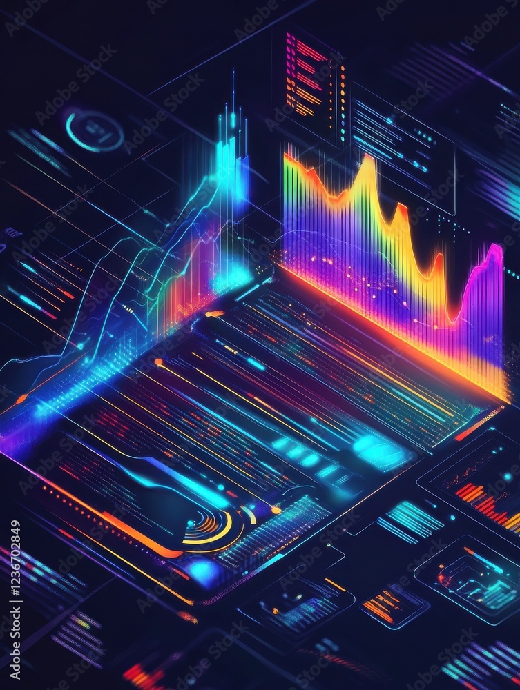 Poster future tech 3d isometric data finance graphic, business charts, analysis and plan binary indicators 