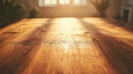 Golden Hour on Wooden Tabletop: Sunlit Wood Grain Texture