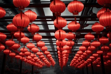 Rows of vibrant red lanterns hanging from a ceiling, creating a festive and celebratory atmosphere