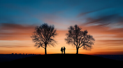 Couple silhouetted at sunset, hilltop, city skyline background; romantic, travel imagery