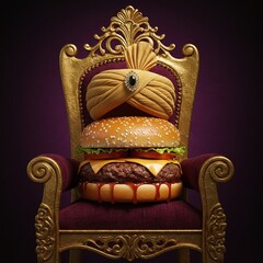 Burger with a crown on a royal chair