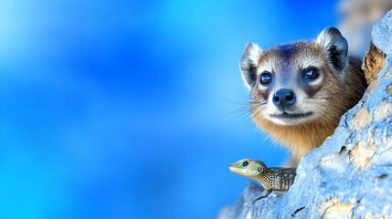 Fototapeta premium Curious ringtail peering from rock, lizard beside, blue background, wildlife poster
