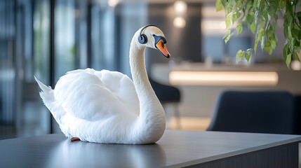 Obraz premium A graceful white swan with a call center headset, elegantly seated at a modern office desk