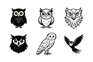 Fototapeta premium Six Unique Black-and-White Owl Illustrations in Different Styles