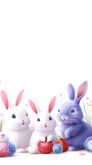 Obraz premium Cute Easter bunnies with eggs and fruit, spring meadow background, ideal for greeting cards