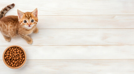 Cute ginger kitten looking up near food bowl on wooden floor.  Perfect for pet food ads