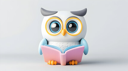Cute owl reading book, neutral background, education concept, children's illustration