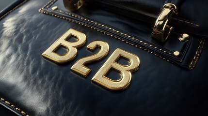 A black leather briefcase with gold accents and a large gold letter word text "B2B" acronym abbreviation of Business to Business