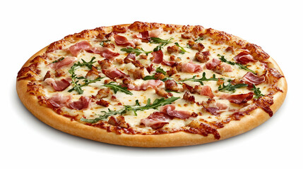 Delicious prosciutto and sausage pizza on white background; perfect for food blogs, restaurant menus, or cookbooks