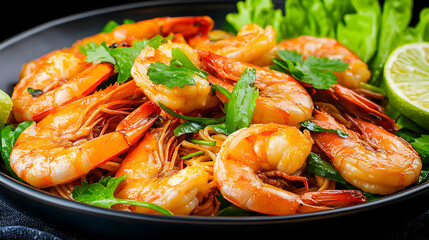 Delicious shrimp noodles with herbs, lime, close-up shot, dark background, food photography for recipe websites