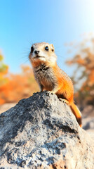 Fototapeta premium Desert rodent perched on rock, sunny day, arid landscape background; perfect for wildlife, nature, or travel publications
