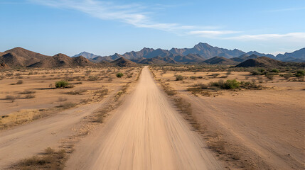 Fototapeta premium Desert road leading to mountains; scenic drive; arid landscape; travel photography; stock image