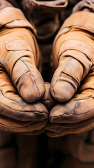 Dusty tan gloves held together, close-up view.  Possible use safety, construction, work