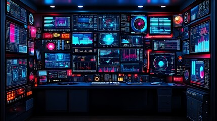 Futuristic Control Room Filled With Many Monitors Displaying Data