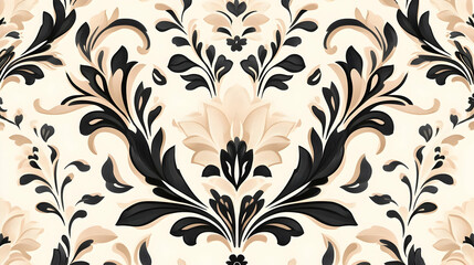 Elegant floral damask pattern, beige and black, seamless repeat, textile design
