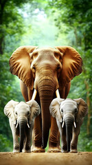 Elephant family portrait in lush jungle; wildlife conservation poster