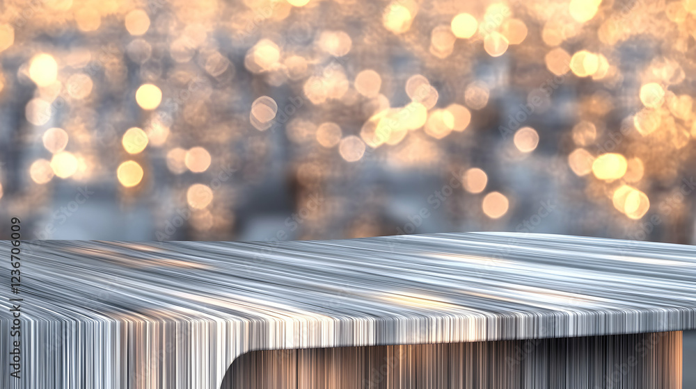 Poster empty table with blurred festive lights background; ideal for product display