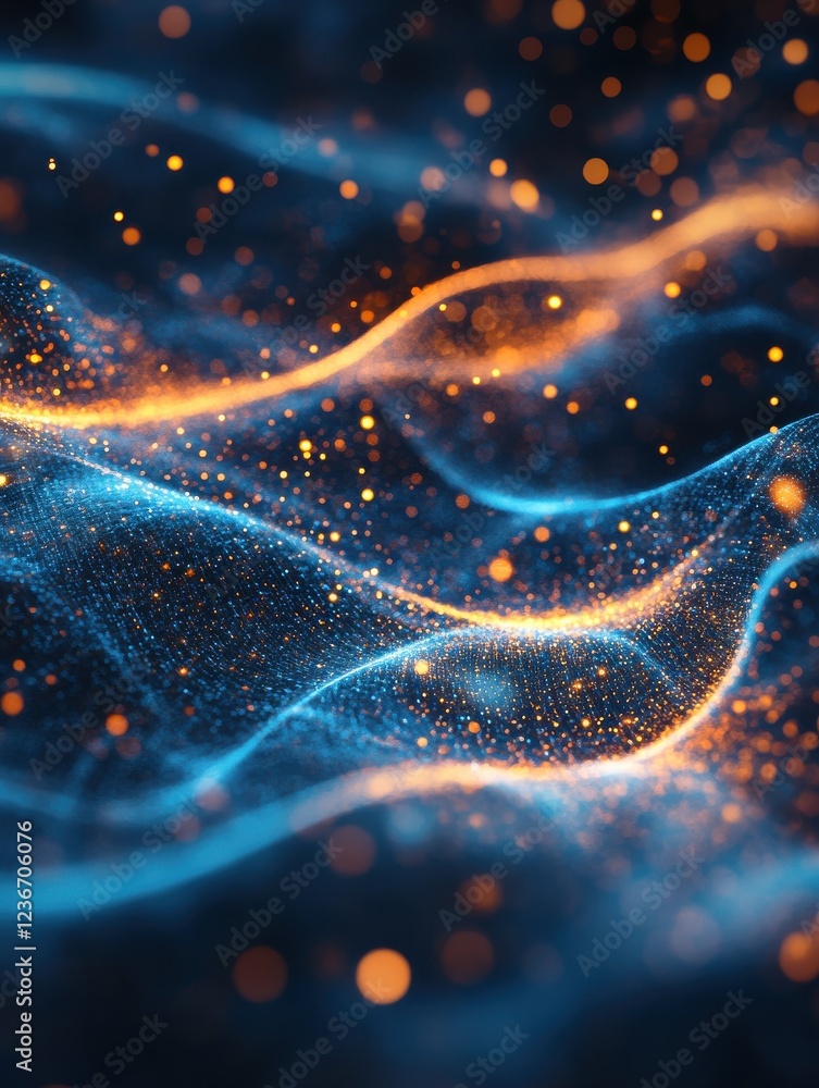 Poster a vibrant visualization of digital data streams, showcasing blue and orange patterns against a dark 