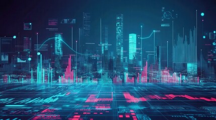 A futuristic city skyline with abstract data visualizations and glowing elements representing technology and analytics.