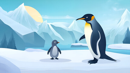 Fototapeta premium Playful penguins in a snowy landscape with icebergs and mountains, whimsical illustration
