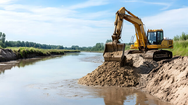 Excavator dredging riverbank, sunny day, rural landscape, construction site; industrial project