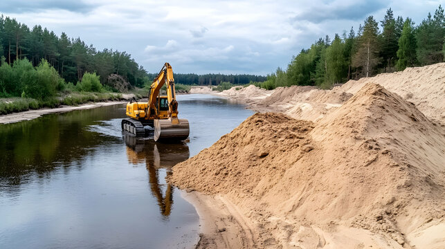 Excavator dredging river sand, forest background, industrial construction