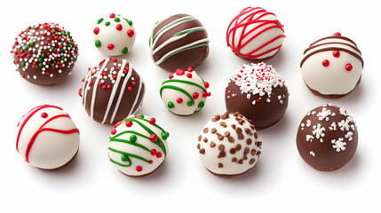 Fototapeta premium Festive chocolate truffles, assorted designs, holiday treats, white background, food photography, perfect for recipes or gift guides