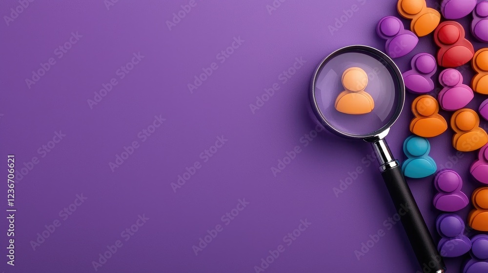 Poster analyzing user profiles with magnifying glass digital workspace infographic purple background close-