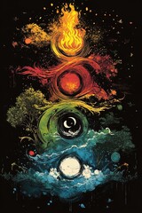 A visually striking illustration showcasing the four elements—fire, earth, water, and air—arranged vertically against a black background. The top section features vibrant flames and fiery colors, tran