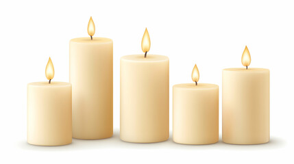 Five lit cream-colored candles on white background; relaxation, spa, peace