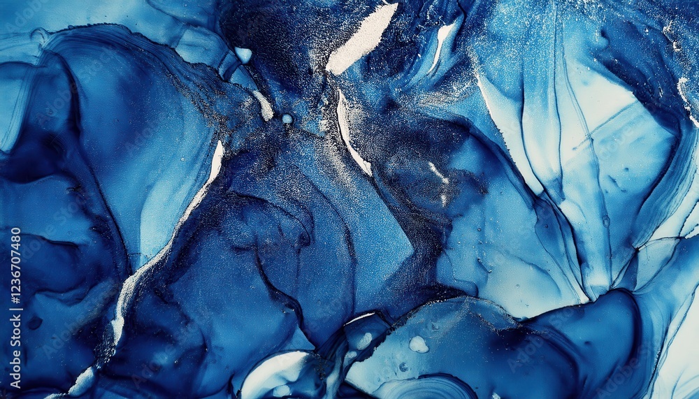 Aufkleber deep blue fluid ink texture with abstract marble like patterns and shimmering white details, ideal f