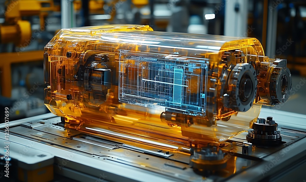 Poster transparent amber industrial machine component with internal mechanism and digital blueprint display