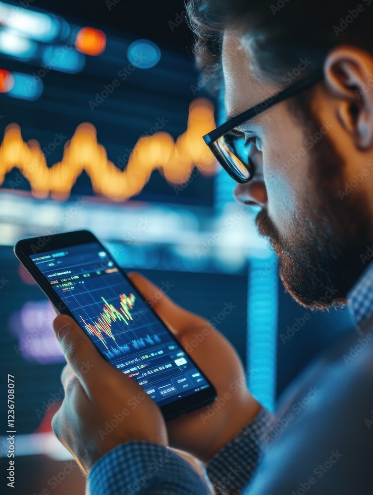 Aufkleber crypto trader investor broker using smartphone app analyzing financial data stock market price on ce