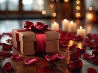 A beautifully wrapped gift box with a red satin ribbon