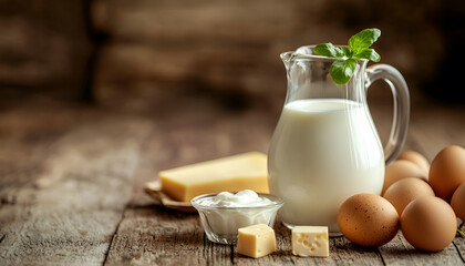 Dairy products on white wooden table
