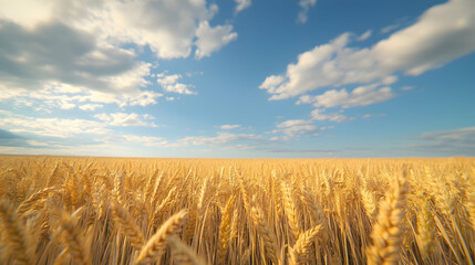 Golden wheat field under a blue sky with fluffy clouds