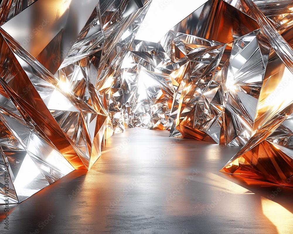 Poster abstract metallic crystal cavern with reflective surfaces and warm lighting.