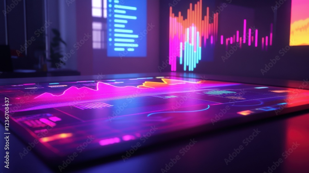 Aufkleber a vibrant digital display showcasing financial data trends, with glowing graphs and metrics symboliz