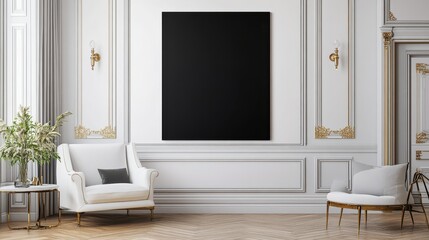 Blank black poster on light wall in dining room with modern white furniture with golden details and wooden parquet. Mock up, 3D rendering