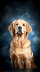 Golden Retriever portrait, dramatic clouds background, pet photography, website banner
