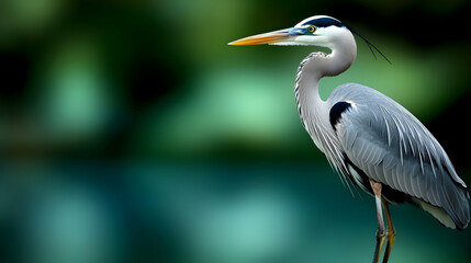 Fototapeta premium Great Blue Heron standing by water, green foliage background; nature photography for wildlife websites