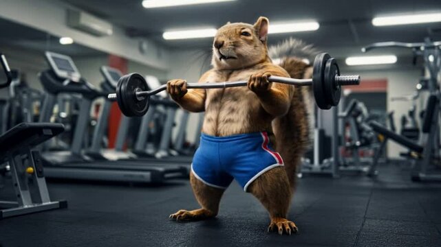 A Buff Squirrel Weightlifting in a Modern Gym: A Hilarious Fitness Image