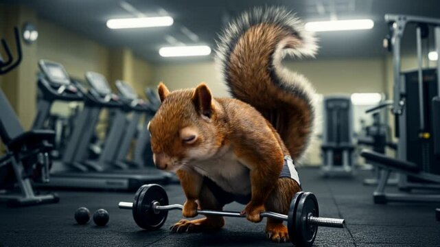 A Muscular Squirrel Weightlifting in a Modern Gym Setting: A Hilarious Fitness Image