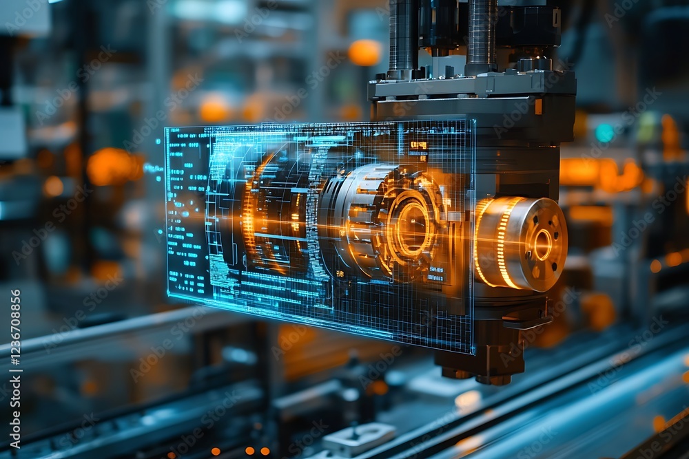 Poster futuristic robotic arm with digital overlay displaying intricate mechanism details in a factory sett