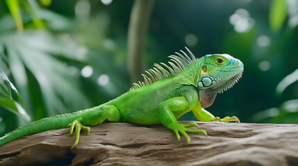 Obraz premium Green iguana on wood, tropical foliage background; nature, wildlife, reptile, exotic pet, zoo