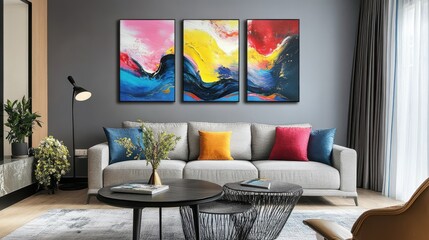 Home decor interior design with abstract and modern wall paintings