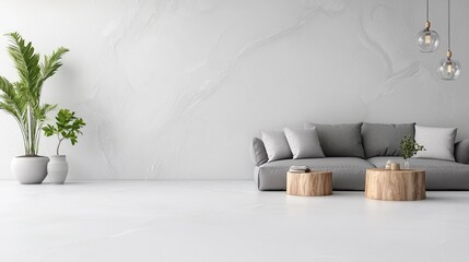 Minimalist grey sofa in modern living room, white wall, wooden coffee tables, plants