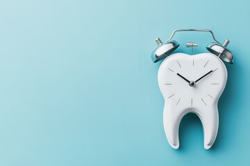 Tooth-shaped cutout and alarm clock on a blue background, flat lay design with space for dental health text